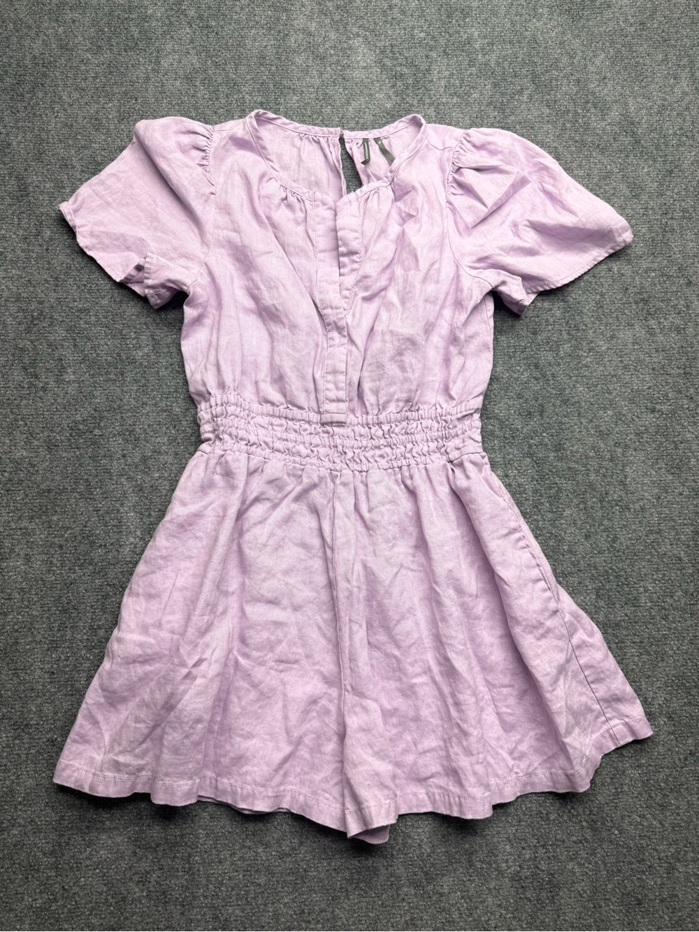 Anthropologie 100% Linen Womans XS Lavender Short-Sleeve Smocked Waist Romper